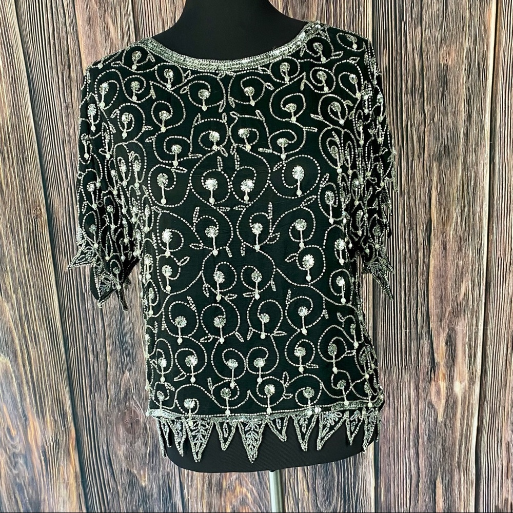 VINTAGE 80's 90's Black Silk Beaded Short Sleeve Formal Party Holiday Blouse